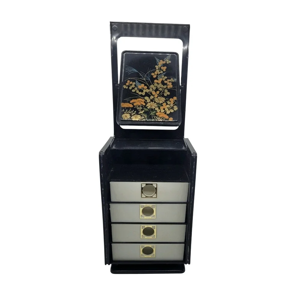 Vintage Japanese Style Black Floral Jewelry Box 4 Drawer Mirror Vanity Organizer